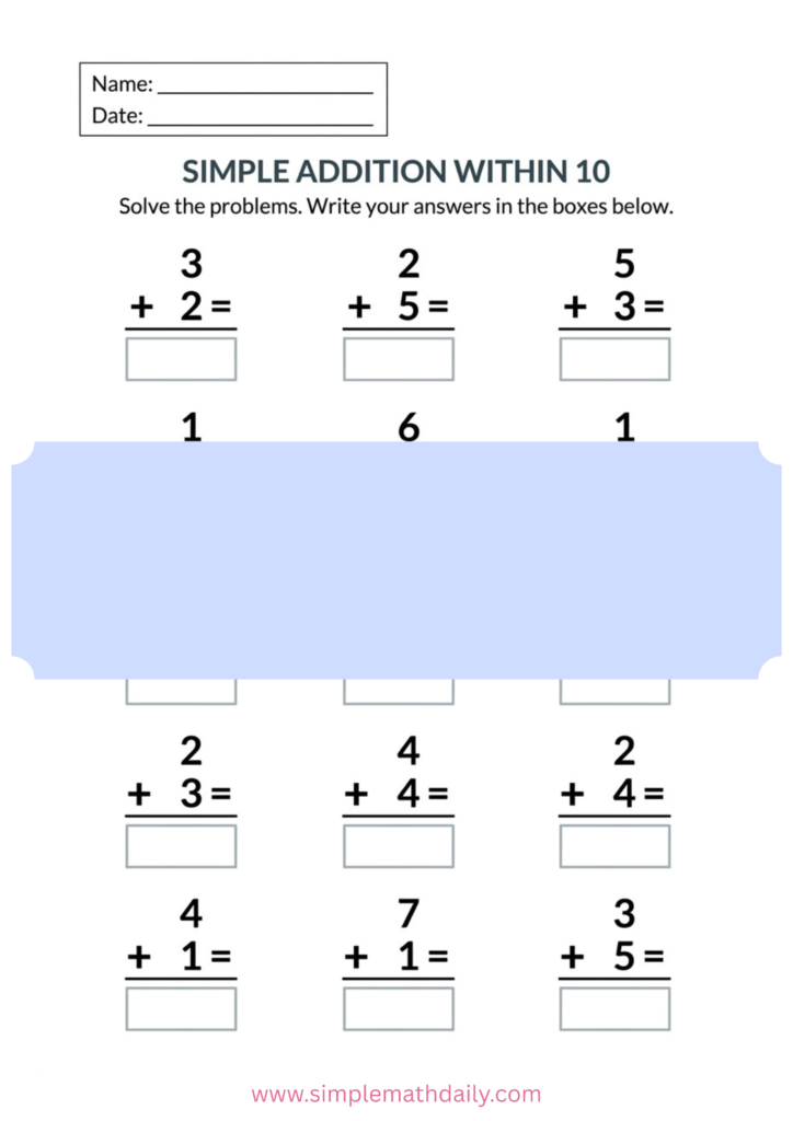 free addition within 10 worksheets