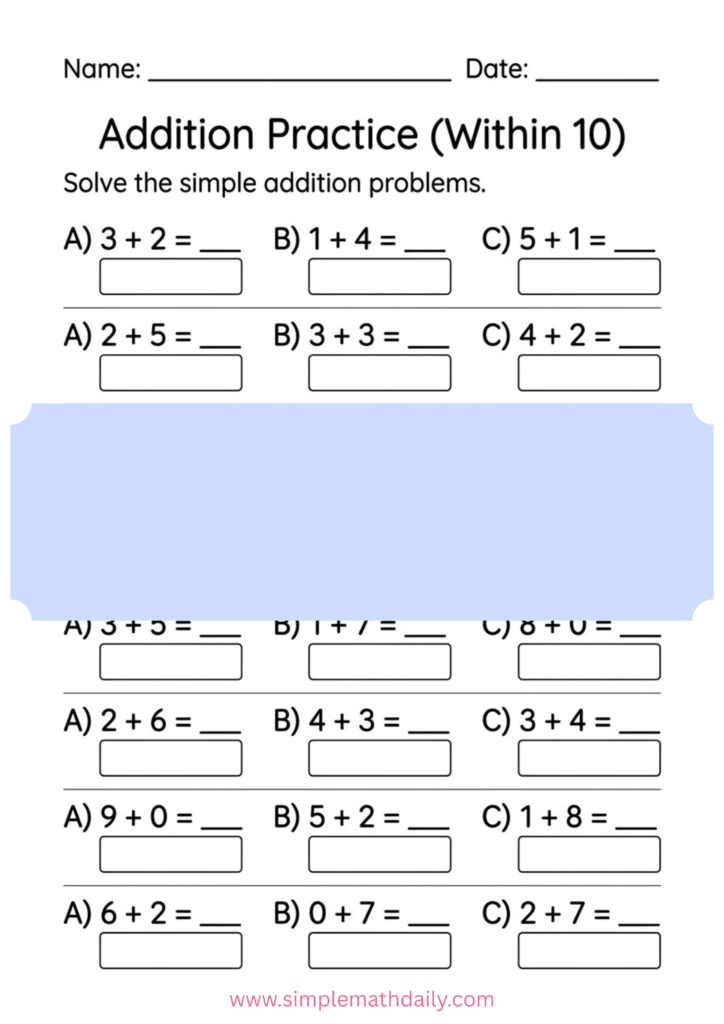 free addition within 10 worksheets