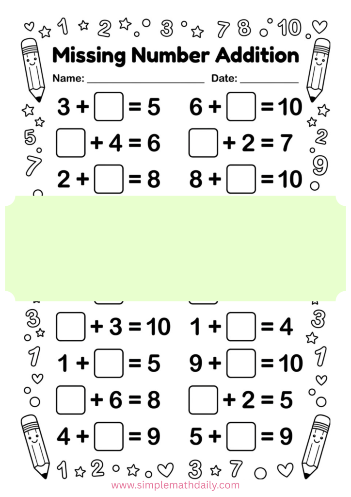 free missing number addition worksheets