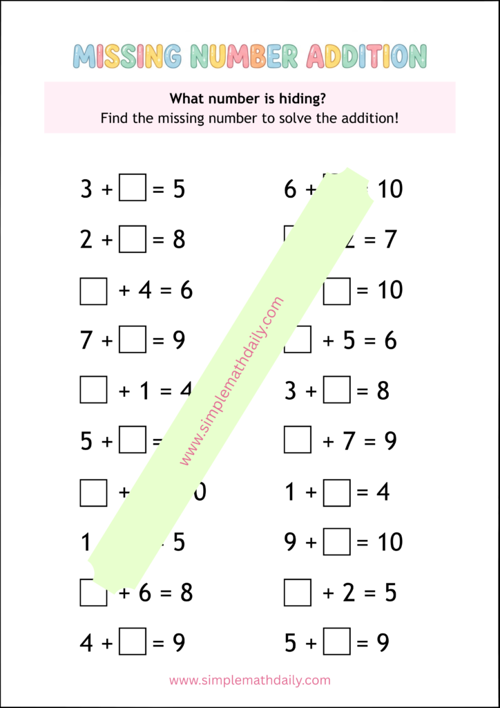 free missing number addition worksheets