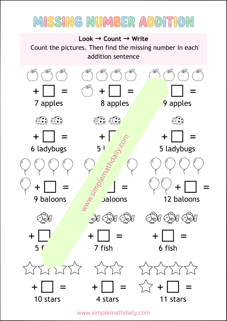 Missing number addition worksheets