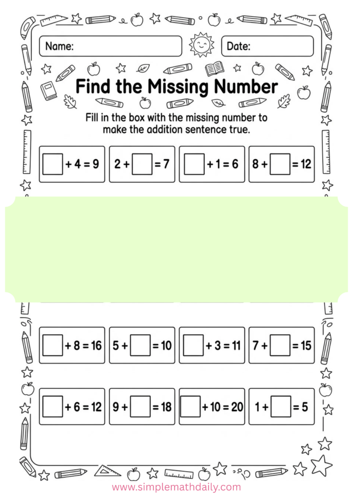 free missing number addition worksheets