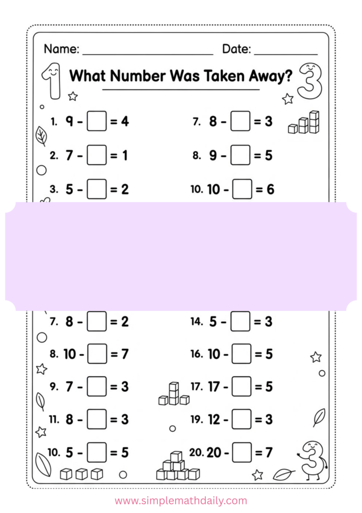 free missing number subtraction worksheets