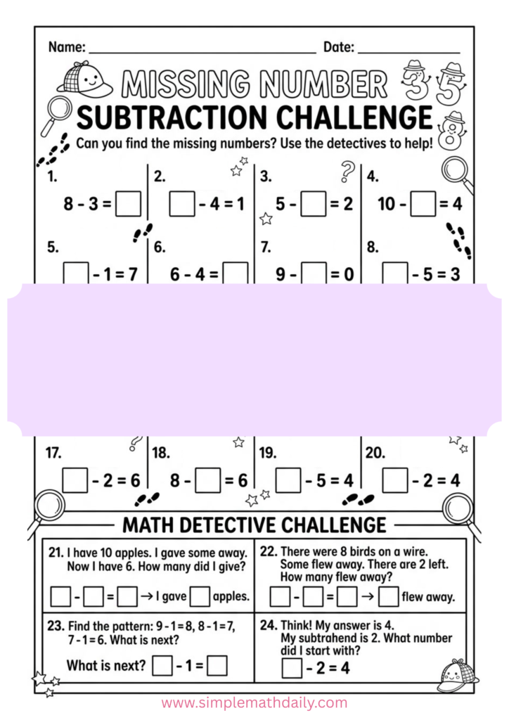 free missing number subtraction worksheets