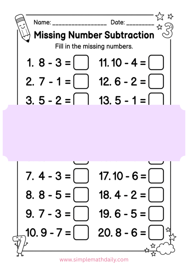 free missing number subtraction worksheets