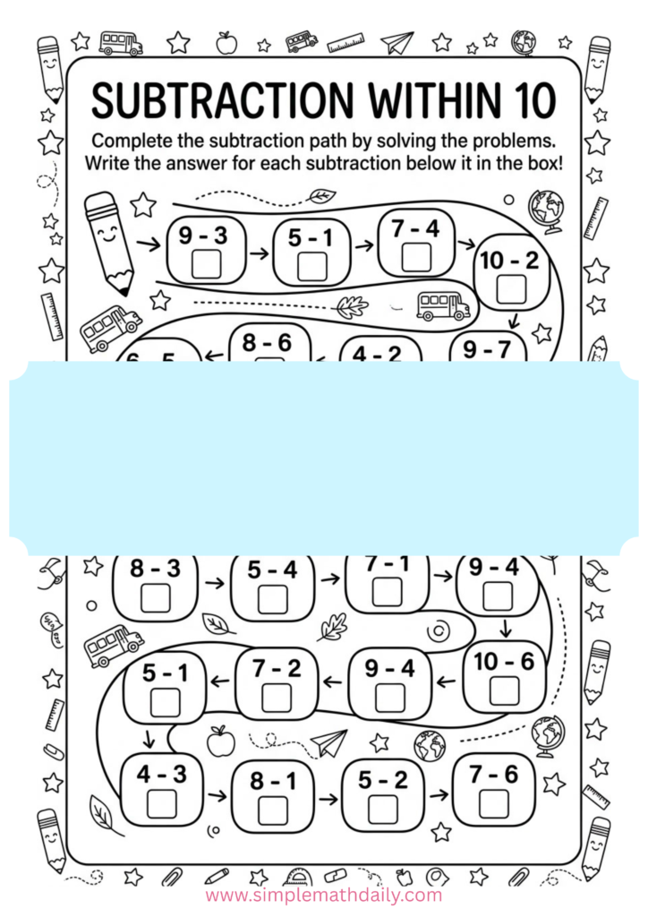 Subtraction within 10 worksheets