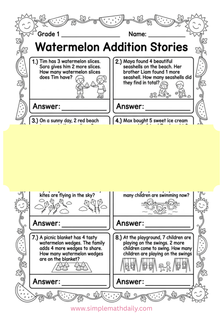 Summer Addition Worksheets for Grade 1