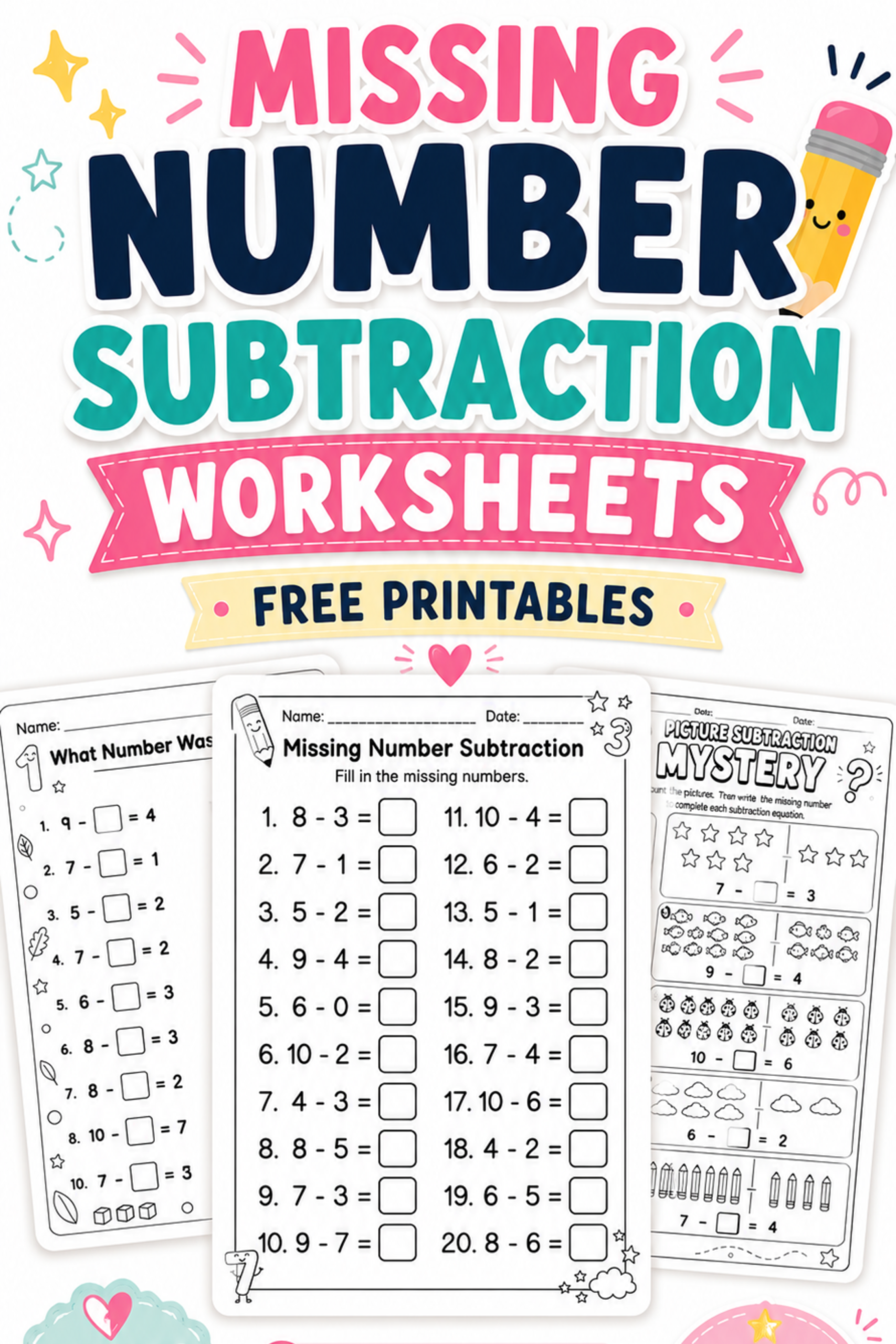 free missing number subtraction worksheets