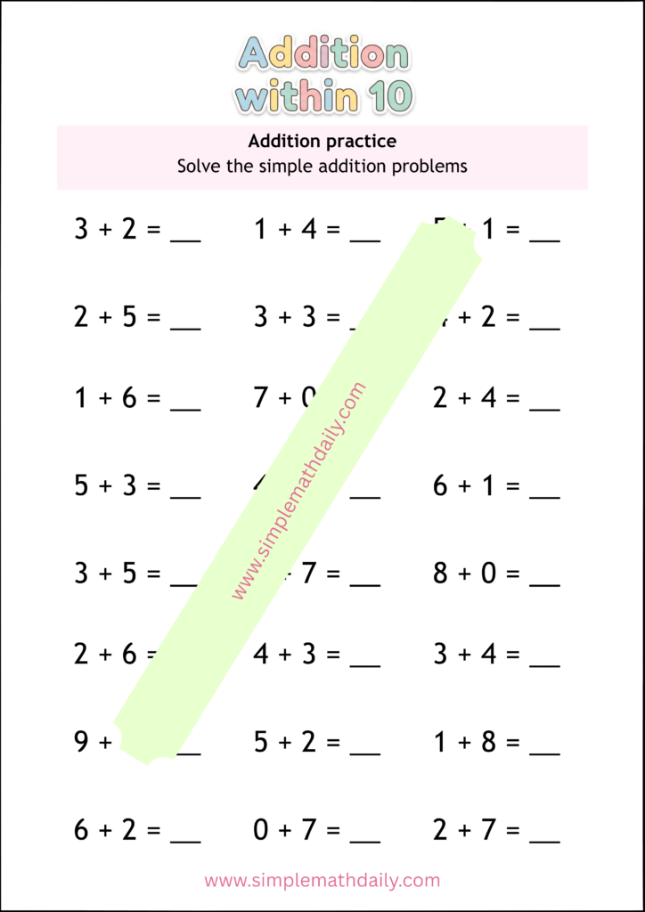 Free addition within 10 worksheets