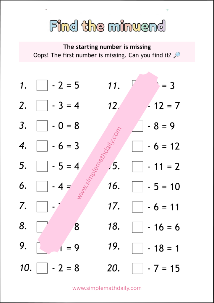 free missing number subtraction worksheets