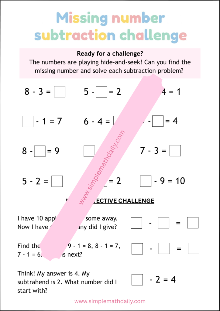 free missing number subtraction worksheets