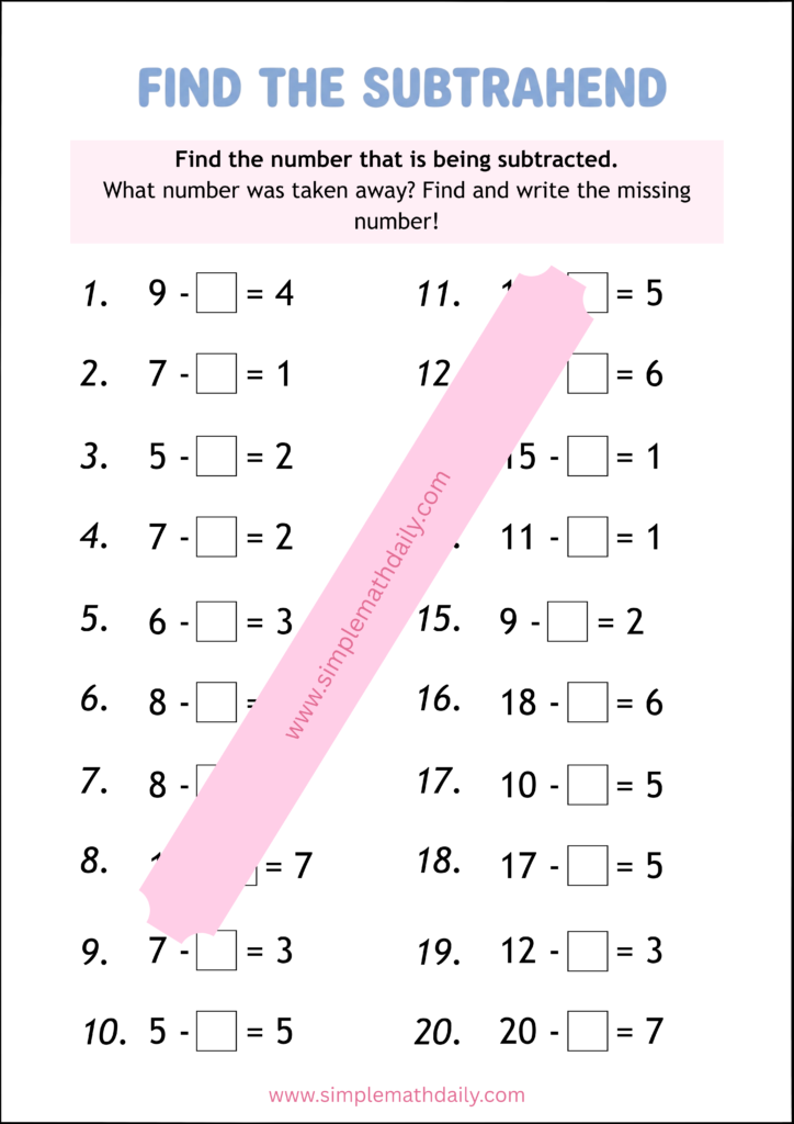 free missing number subtraction worksheets